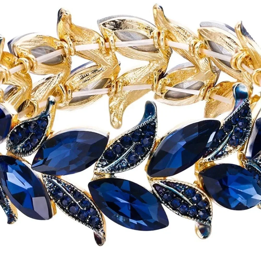 Yellow Gold and Blue Sapphire Austrian Crystal Leaf Stetchable Bracelet Bangle